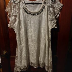Elegant White Lace Top with Beaded Neckline
